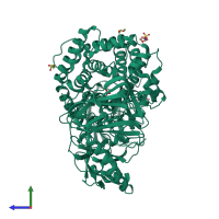 Monomeric assembly 1 of PDB entry 6yqh coloured by chemically distinct molecules, side view.