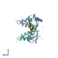 PDB entry 6yrb coloured by chain, side view.