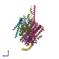 PDB entry 6zbb coloured by chain, side view.