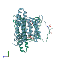 PDB entry 6zfg coloured by chain, side view.