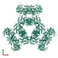 Homo hexameric assembly 1 of PDB entry 6znj coloured by chemically distinct molecules, front view.