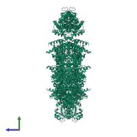 Homo hexameric assembly 1 of PDB entry 6znj coloured by chemically distinct molecules, side view.