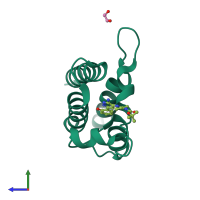 Monomeric assembly 1 of PDB entry 6zs4 coloured by chemically distinct molecules, side view.