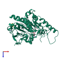 Monomeric assembly 1 of PDB entry 6zyf coloured by chemically distinct molecules, top view.