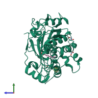 Monomeric assembly 2 of PDB entry 6zyf coloured by chemically distinct molecules, side view.