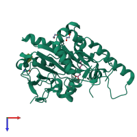 Monomeric assembly 2 of PDB entry 6zyf coloured by chemically distinct molecules, top view.