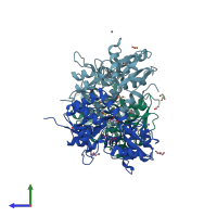 PDB entry 6zyu coloured by chain, side view.