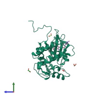 PDB entry 7akg coloured by chain, side view.