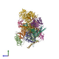 PDB entry 7aqr coloured by chain, side view.