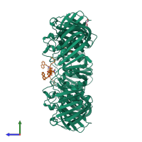 Hetero tetrameric assembly 1 of PDB entry 7azd coloured by chemically distinct molecules, side view.