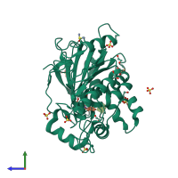 Monomeric assembly 1 of PDB entry 7b2y coloured by chemically distinct molecules, side view.
