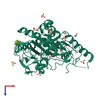 Monomeric assembly 1 of PDB entry 7b2y coloured by chemically distinct molecules, top view.