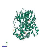 Monomeric assembly 1 of PDB entry 7b8m coloured by chemically distinct molecules, side view.