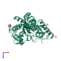 Monomeric assembly 1 of PDB entry 7b8m coloured by chemically distinct molecules, top view.