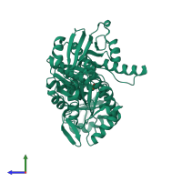 Monomeric assembly 1 of PDB entry 7b9w coloured by chemically distinct molecules, side view.