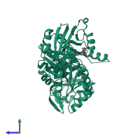 Monomeric assembly 2 of PDB entry 7b9w coloured by chemically distinct molecules, side view.