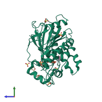 PDB entry 7bac coloured by chain, side view.