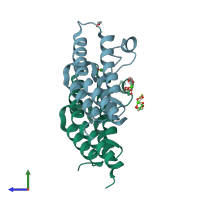 PDB entry 7bbo coloured by chain, side view.