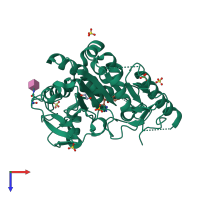 Monomeric assembly 1 of PDB entry 7bc8 coloured by chemically distinct molecules, top view.