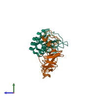 Hetero dimeric assembly 1 of PDB entry 7bhf coloured by chemically distinct molecules, side view.