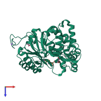 Monomeric assembly 3 of PDB entry 7bop coloured by chemically distinct molecules, top view.