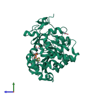 Monomeric assembly 5 of PDB entry 7bop coloured by chemically distinct molecules, side view.