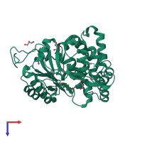 Monomeric assembly 5 of PDB entry 7bop coloured by chemically distinct molecules, top view.