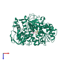 Monomeric assembly 2 of PDB entry 7cnq coloured by chemically distinct molecules, top view.