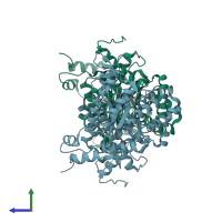 PDB entry 7cp1 coloured by chain, side view.