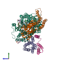 PDB entry 7cub coloured by chain, side view.