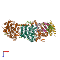 Hetero hexameric assembly 1 of PDB entry 7d3u coloured by chemically distinct molecules, top view.