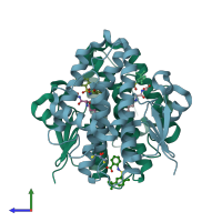 PDB entry 7day coloured by chain, side view.