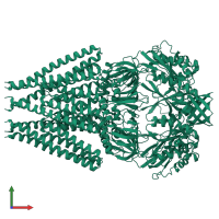 Homo heptameric assembly 1 of PDB entry 7dlu coloured by chemically distinct molecules, front view.