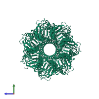 Homo heptameric assembly 1 of PDB entry 7dlu coloured by chemically distinct molecules, side view.