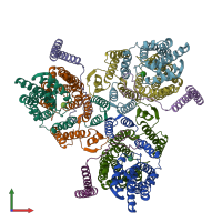 PDB entry 7dyr coloured by chain, front view.