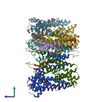 PDB entry 7dyr coloured by chain, side view.