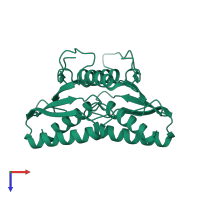 Homo dimeric assembly 2 of PDB entry 7e2m coloured by chemically distinct molecules, top view.