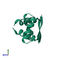 Homo dimeric assembly 2 of PDB entry 7e4j coloured by chemically distinct molecules, side view.