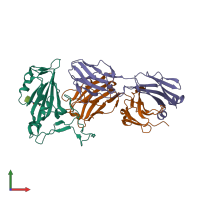 Hetero trimeric assembly 1 of PDB entry 7ean coloured by chemically distinct molecules, front view.