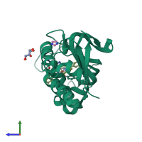 PDB entry 7emv coloured by chain, side view.