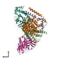 PDB entry 7exd coloured by chain, side view.