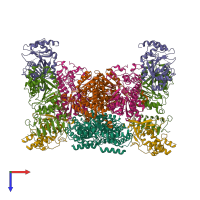 Hetero dodecameric assembly 1 of PDB entry 7f64 coloured by chemically distinct molecules, top view.