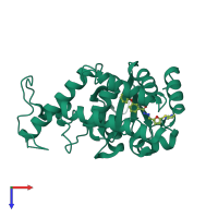 Monomeric assembly 2 of PDB entry 7f8g coloured by chemically distinct molecules, top view.