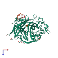 Monomeric assembly 1 of PDB entry 7fdz coloured by chemically distinct molecules, top view.