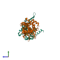 PDB entry 7fn5 coloured by chain, side view.