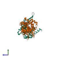 PDB entry 7fnv coloured by chain, side view.