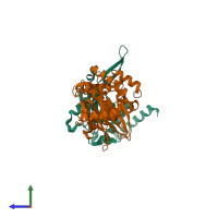 PDB entry 7fox coloured by chain, side view.