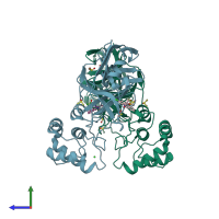 PDB entry 7gl6 coloured by chain, side view.