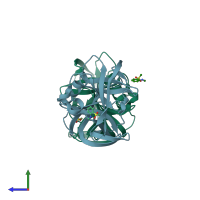 PDB entry 7gou coloured by chain, side view.