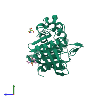 PDB entry 7gtm coloured by chain, side view.